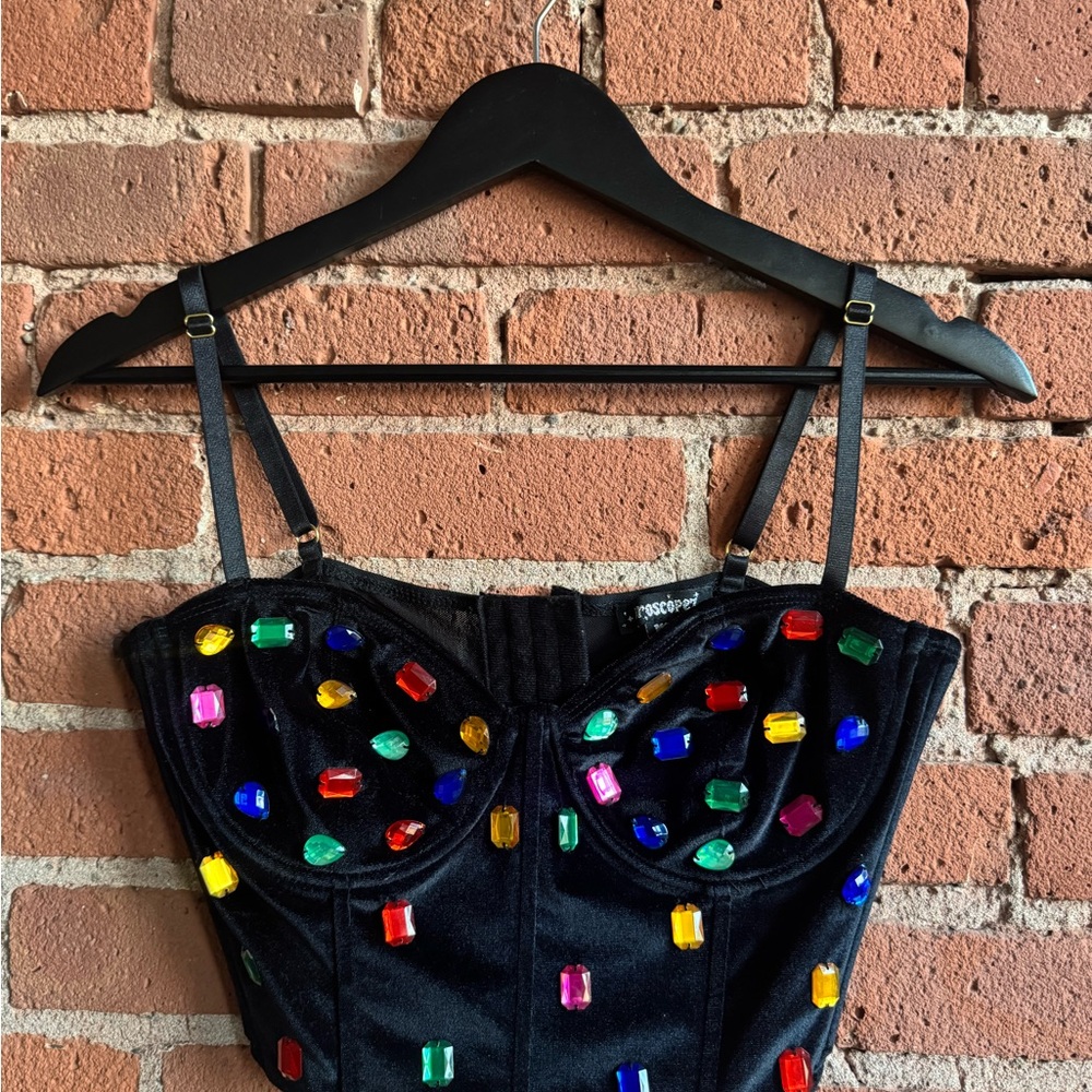 Dolls Kill Black Crop Top with Colorful Gem Accents